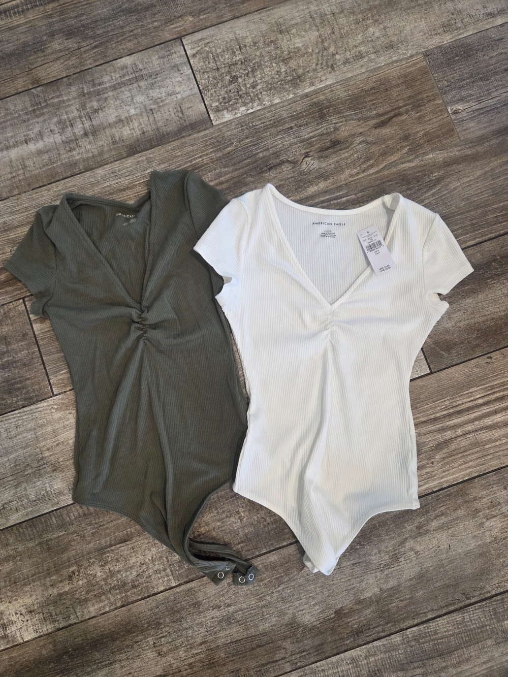 American Eagle Outfitters Ribbed Twist-Front Bodysuit - Olive and White